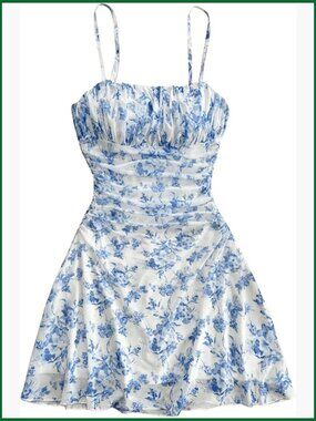Floral Print Ruched Cami Dress Spaghetti Strap Ruffle Hem Mesh Mini